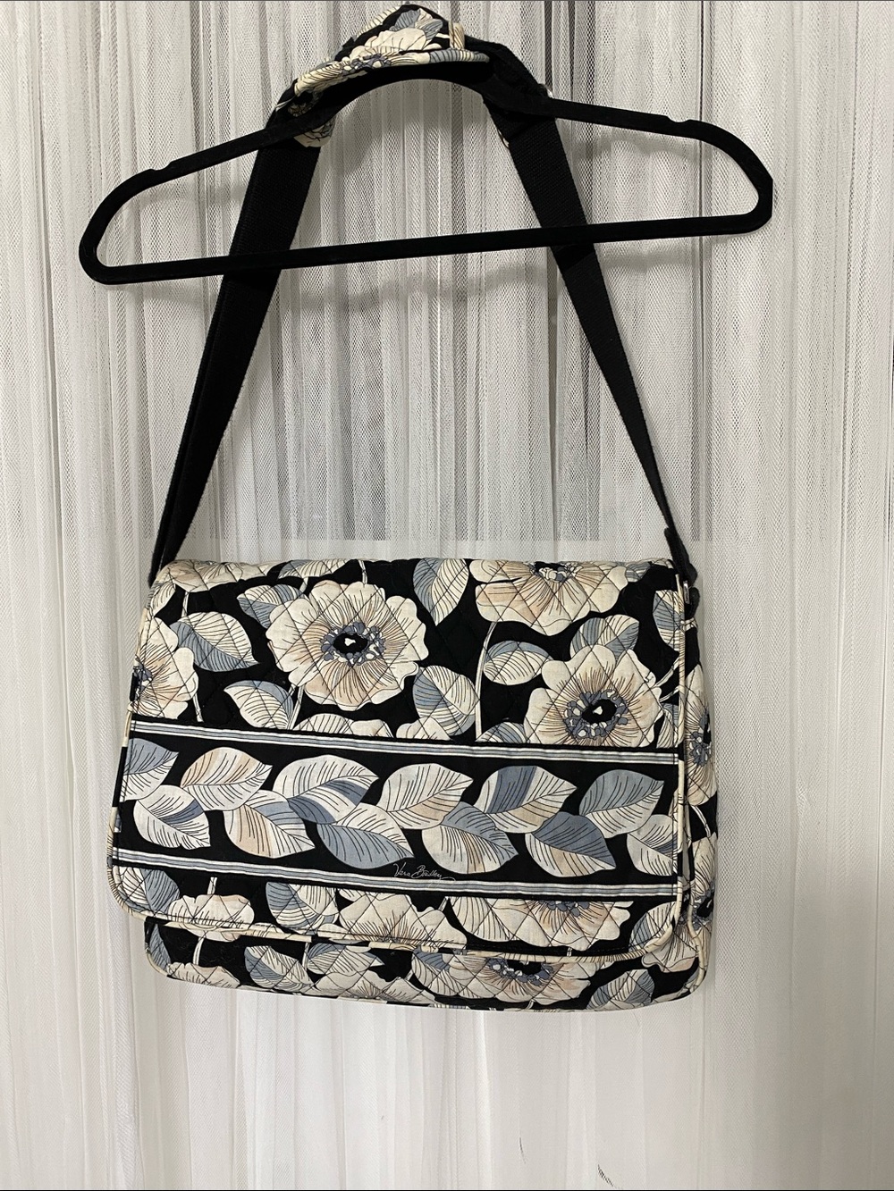 Vera Bradley Black/Grey/Cream “Camillia” Floral Quilted Crossbody Messenger Bag